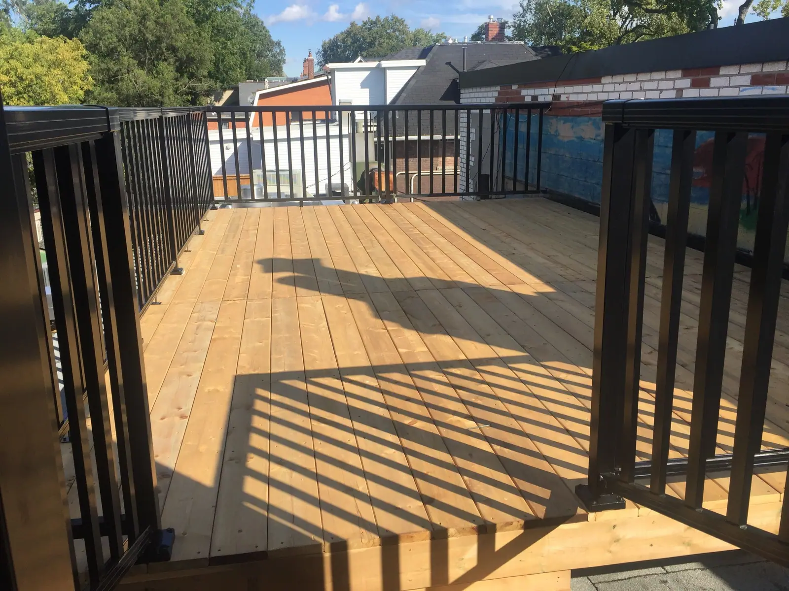 A new timber deck in low sun with black metal railings along its edge.
