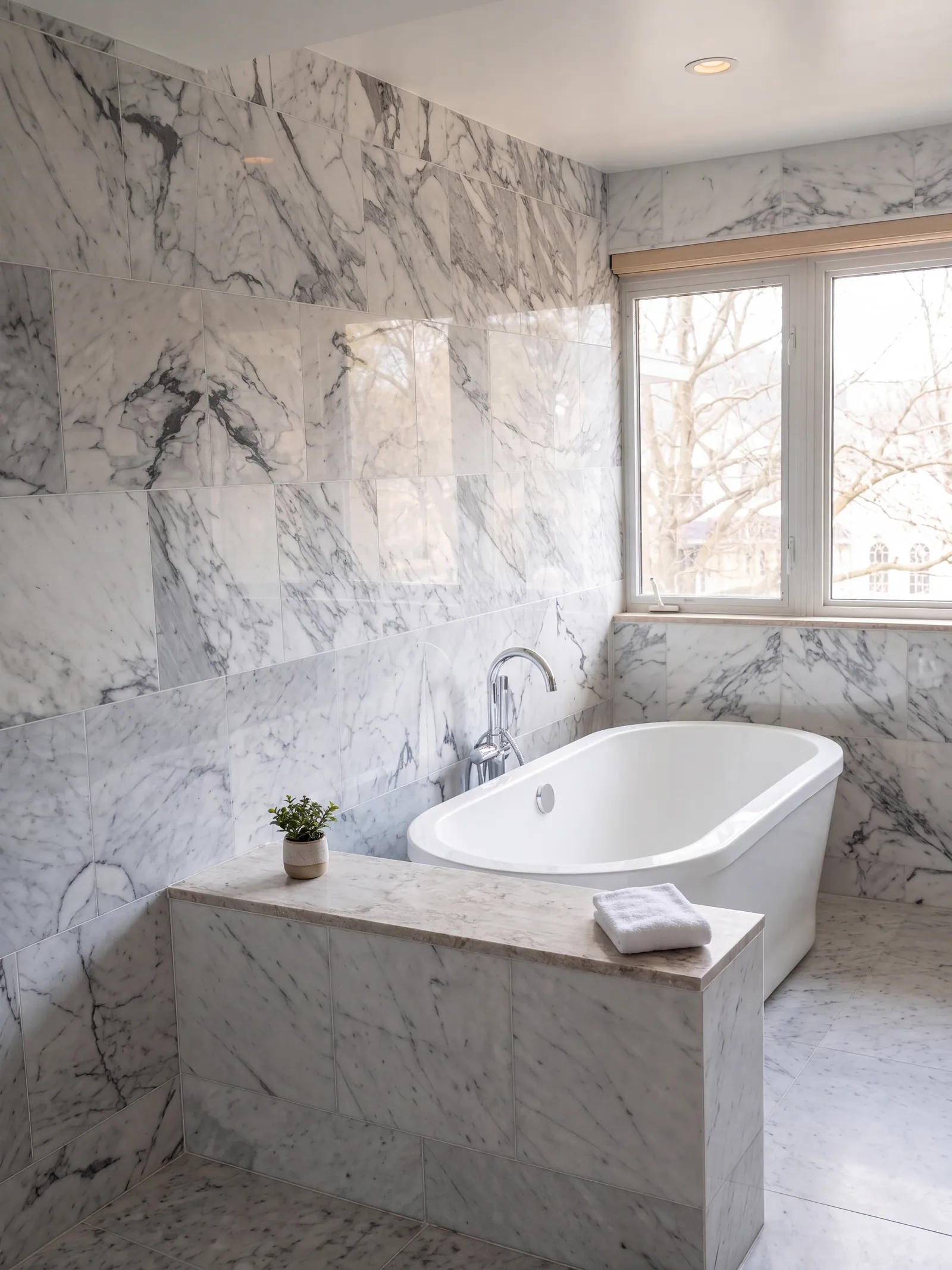 A bathroom with veined stone walls and a window, and a freestanding tub on a stone platform with a folded towel and a small plant.