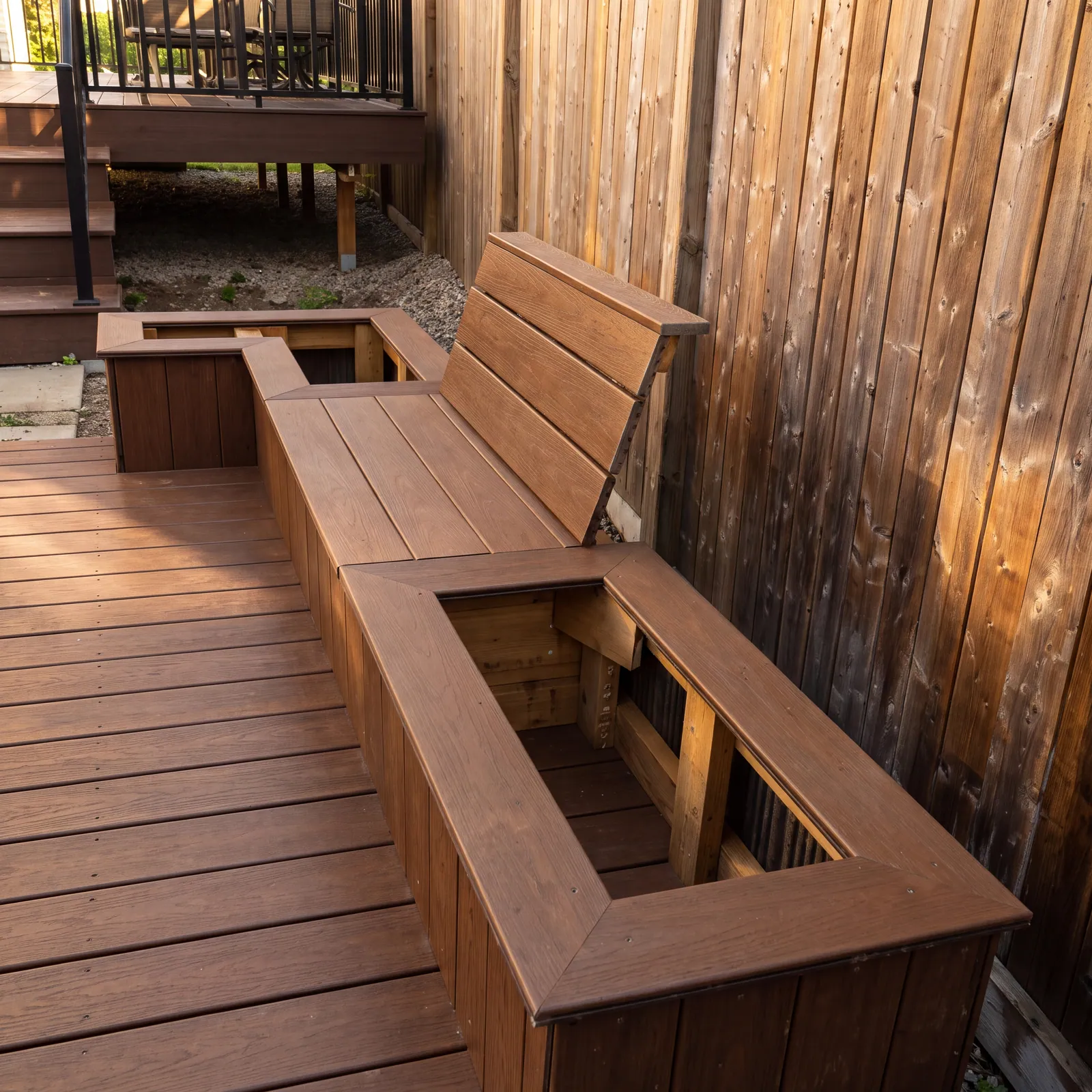 A stained wood deck with a built-in bench and a planter box along a wood fence.