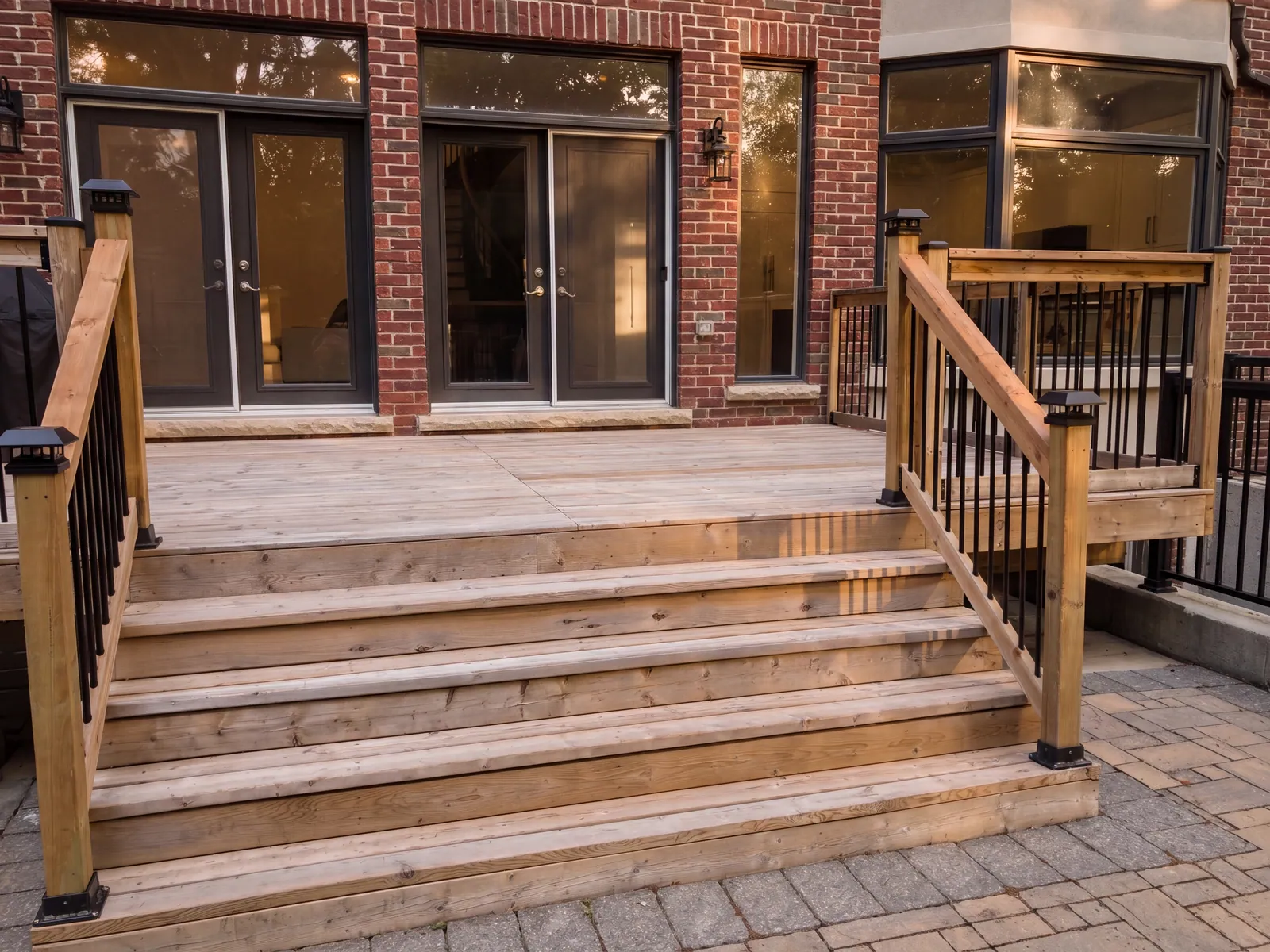 Wide timber deck stairs with wood railings and black balusters rising to the glass doors of a brick house, over grey pavers.