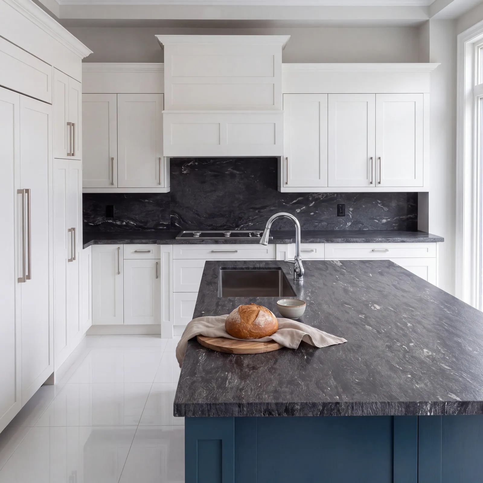 A kitchen with white cabinets, a boxed hood over the range, a dark stone backsplash and a blue island with a dark veined stone top, on a white floor.
